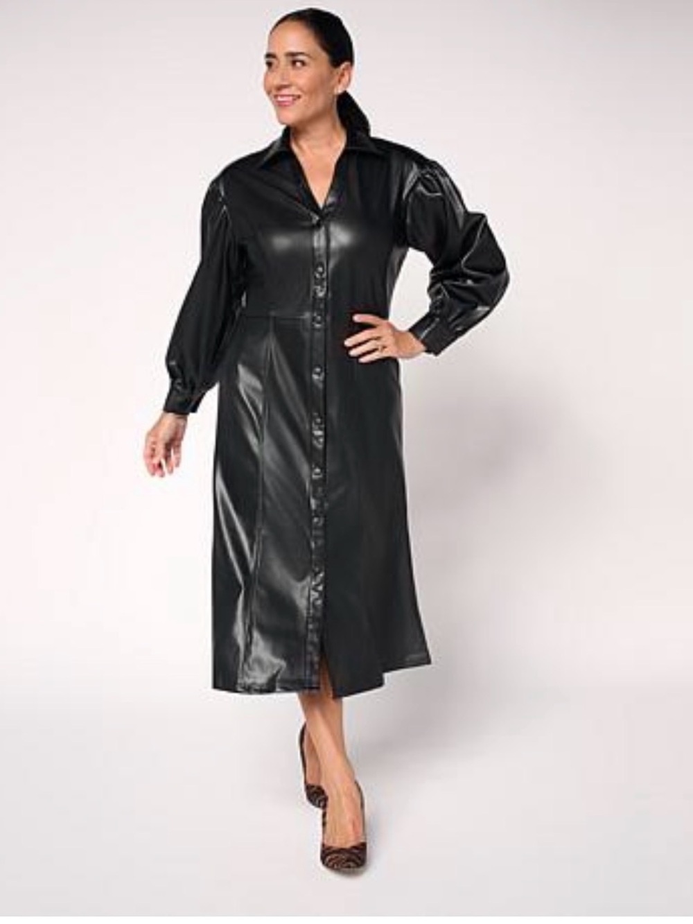 C Wonder Black Faux Leather Button-Front Midi Dress